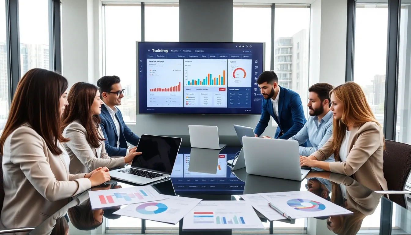 diverse team in a modern office discussing employee training metrics.