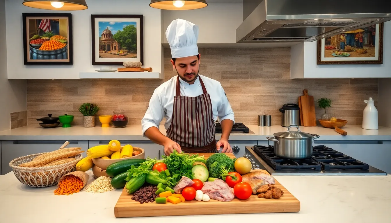 Chef preparing traditional Mexican ingredients in a modern kitchen.