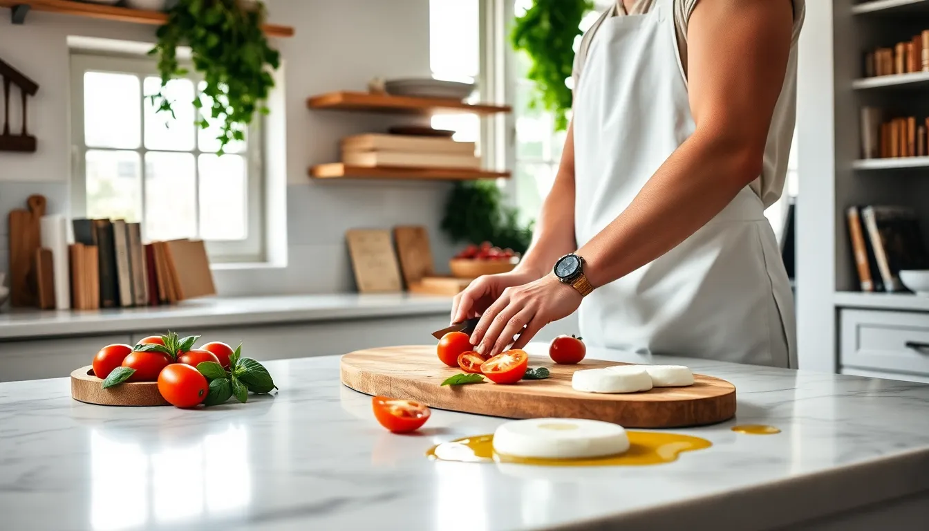 chef preparing fresh ingredients in a modern Italian kitchen.