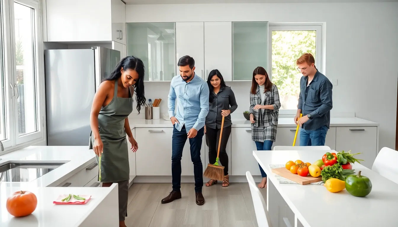 diverse team cleaning a modern kitchen together.