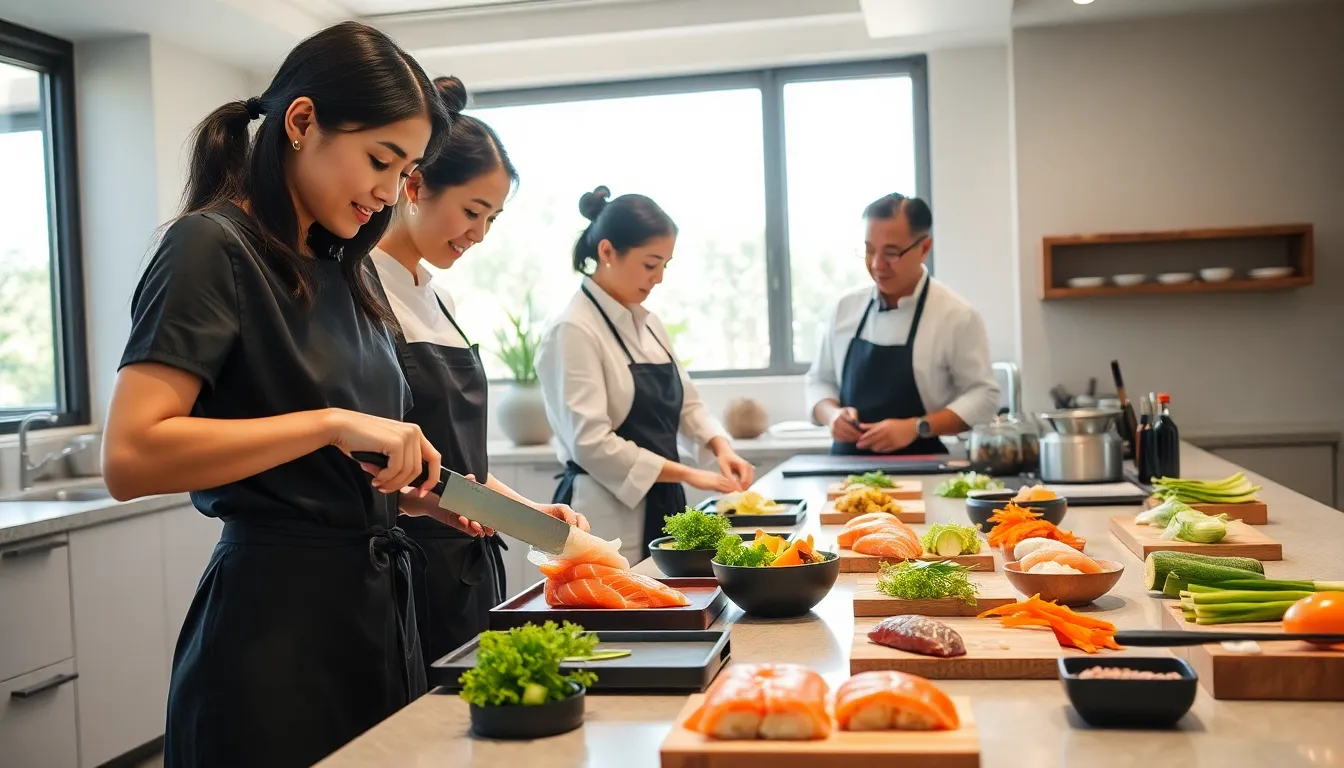 professionals preparing sushi in a modern Japanese kitchen.