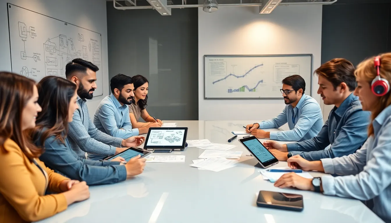 diverse team discussing embedded software development in a modern office