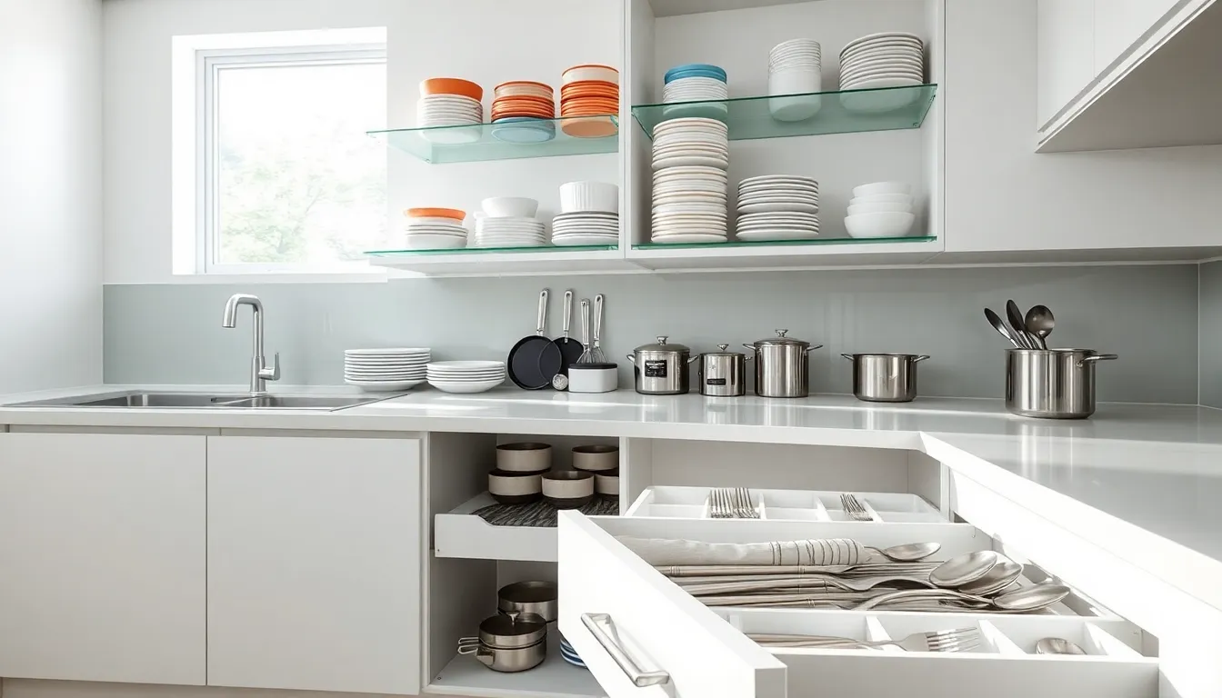 organized kitchen cabinet with pull-out shelves and vertical storage.