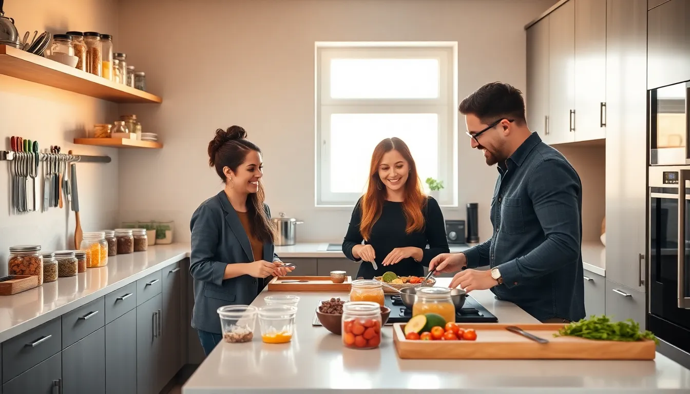 diverse people organizing a modern kitchen together.